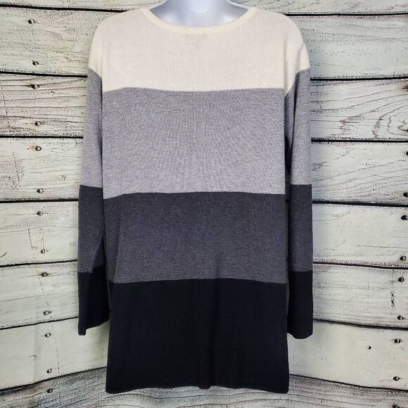 Vince Camuto Large Colorblock Knit Hoodie Sweater Brown Beige Gray Stripe Pullov - Picture 4 of 7